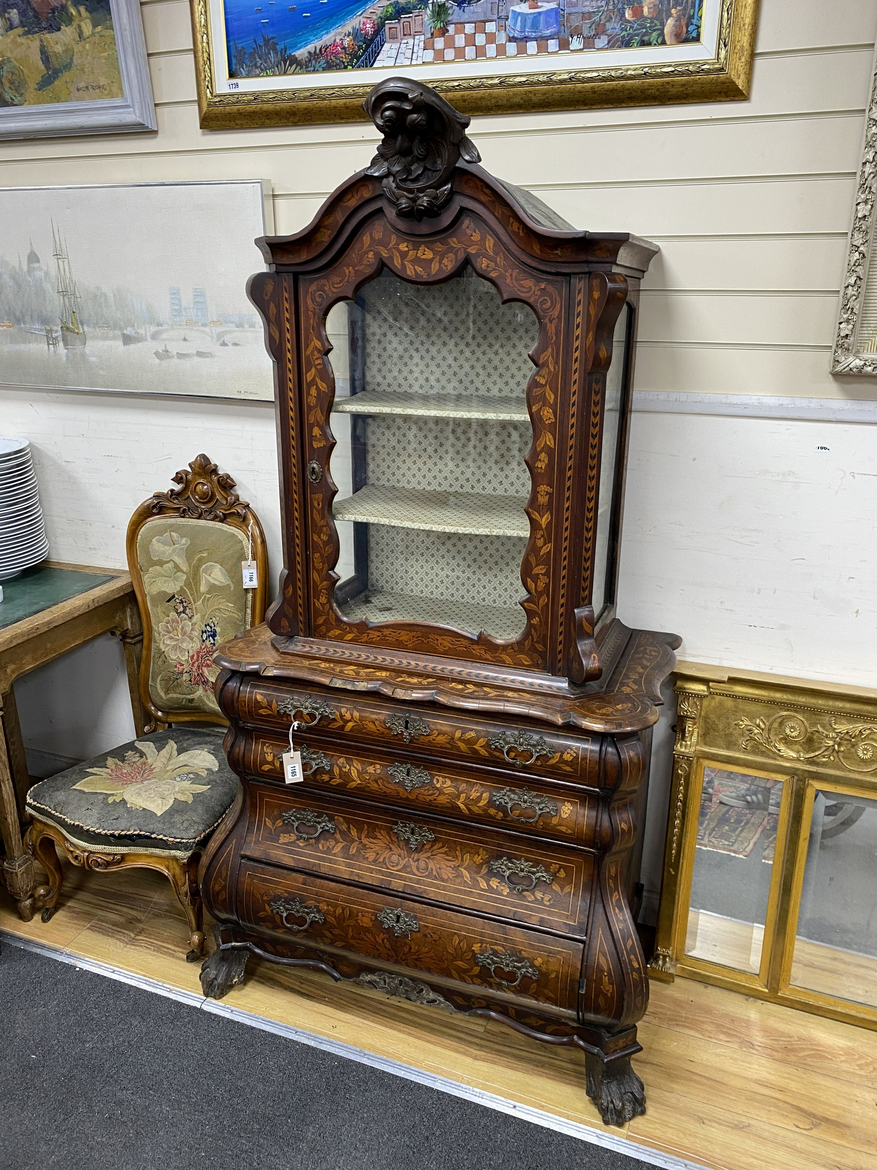 An 18th century and later Dutch walnut and floral marquetry cabinet on chest, width 92cm, depth 52cm, height 185cm